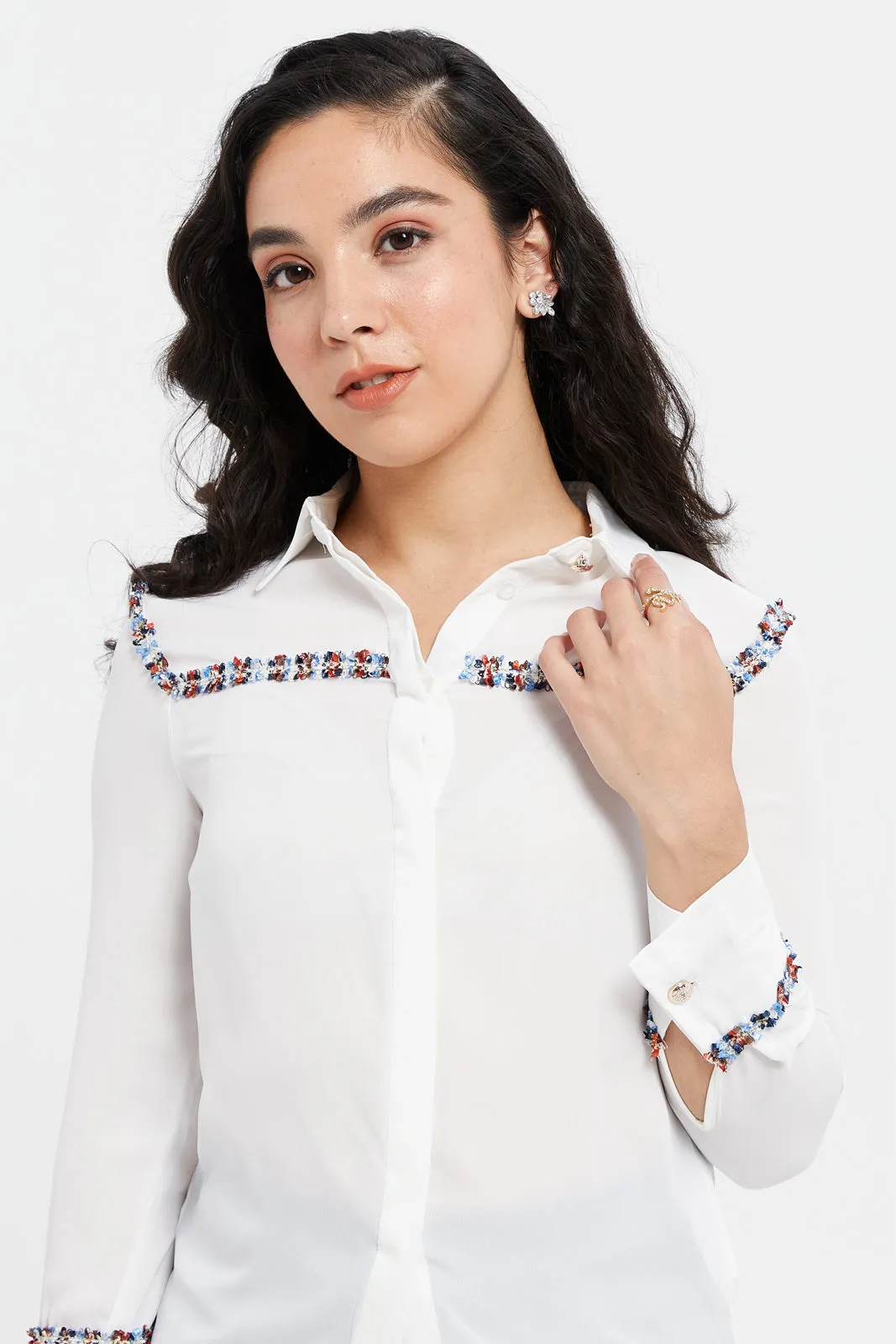 Women Ivory Embellished Detailed Shirt