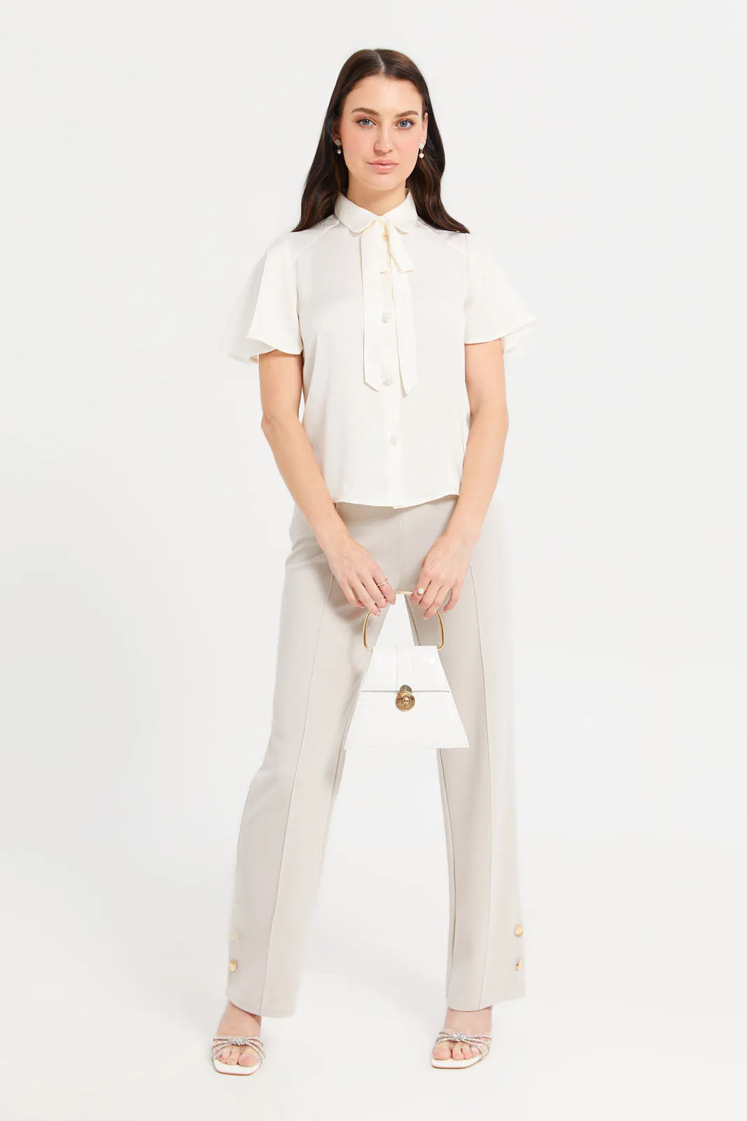 Women Ivory Solid Tie-Up Detailed Blouse