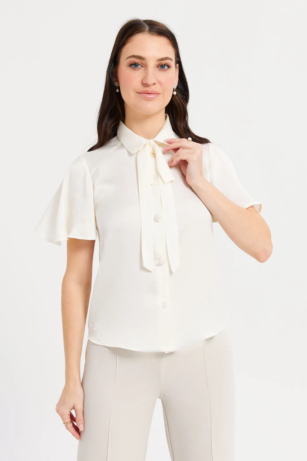 Women Ivory Solid Tie-Up Detailed Blouse