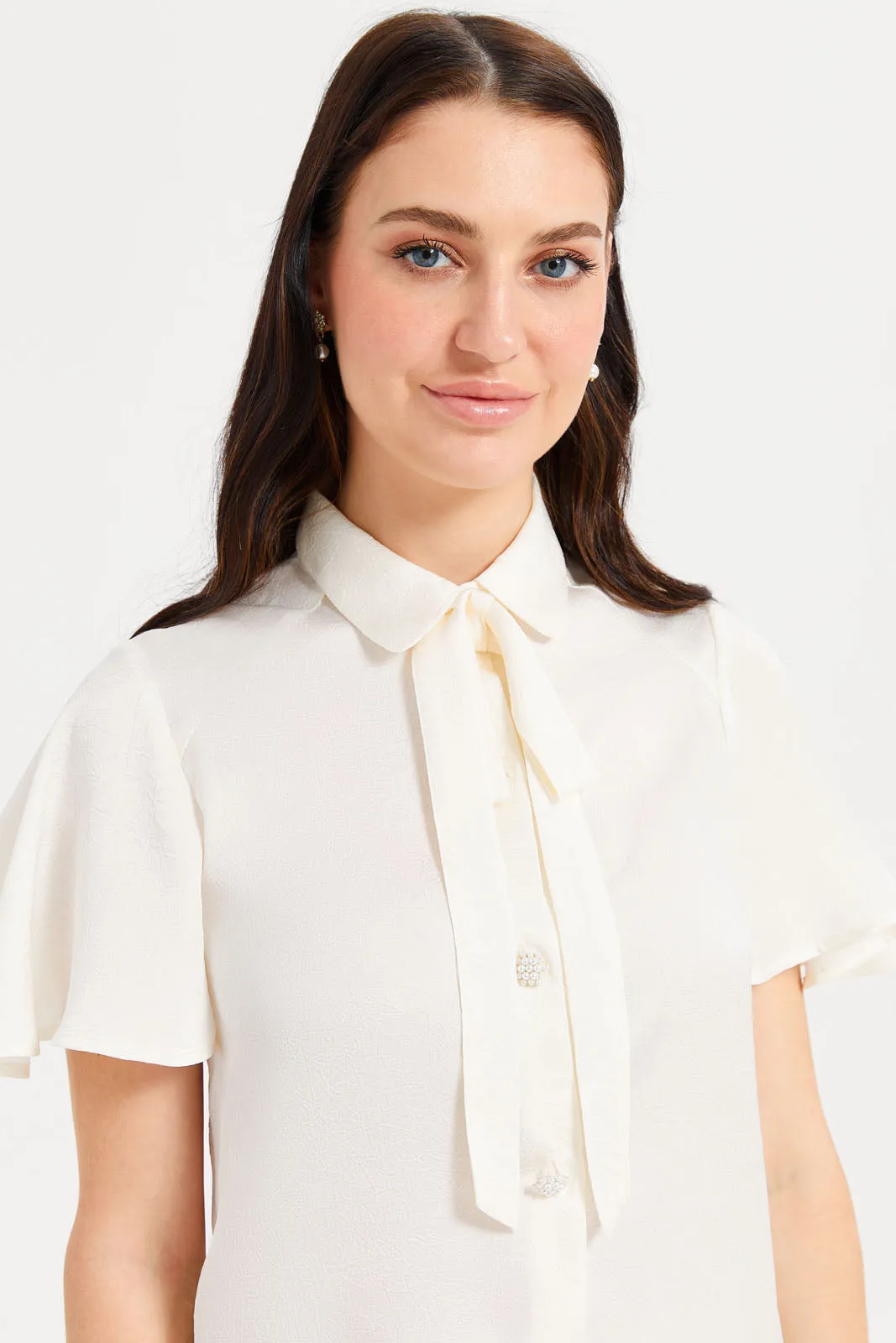 Women Ivory Solid Tie-Up Detailed Blouse