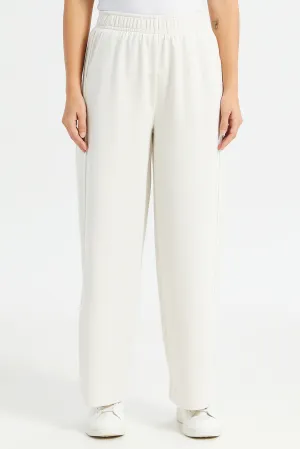 Women Ivory Wide Leg Piping Detailed Trouser