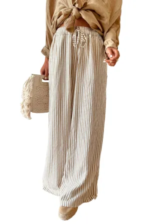 Women Khaki Striped Drawstring Waist Wide Leg Loose Pants