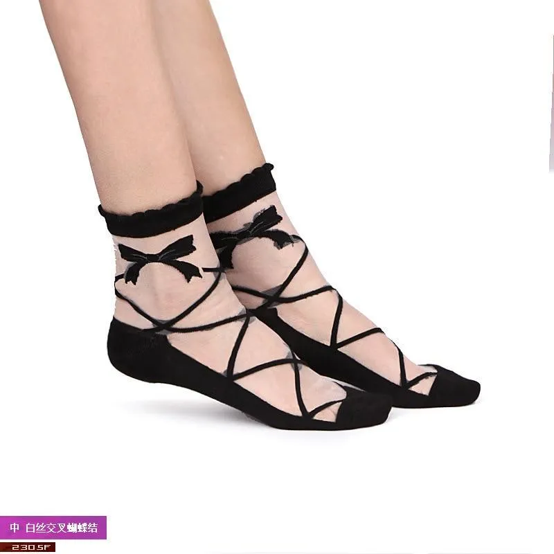 Women Lace Soft  Sheer Silk Elastic Mesh Knit Frill Trim Socks