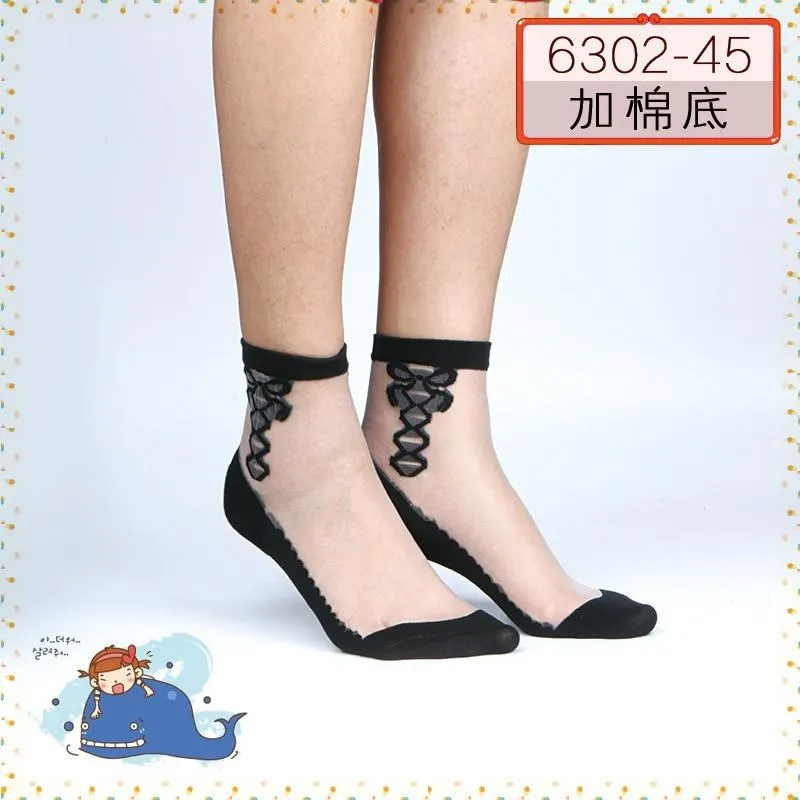 Women Lace Soft  Sheer Silk Elastic Mesh Knit Frill Trim Socks