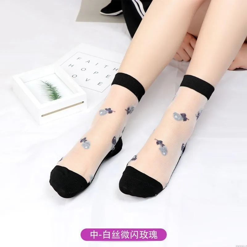 Women Lace Soft  Sheer Silk Elastic Mesh Knit Frill Trim Socks