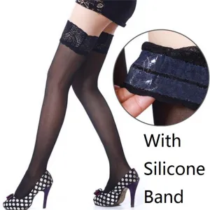 Women Lace Top Stockings,Black/White 30D Ultrathin Sheer Silk Over Knee Thigh High Hosiery,Sexy Silicone Band Stay up Stockings