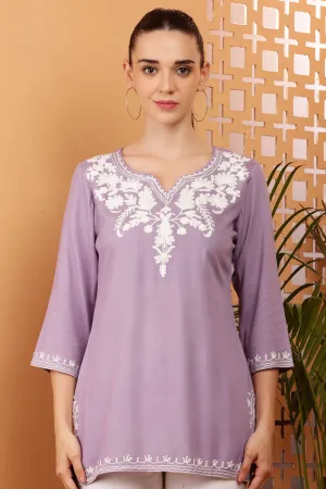 Women Lavender Embroidered Rayon Kurti