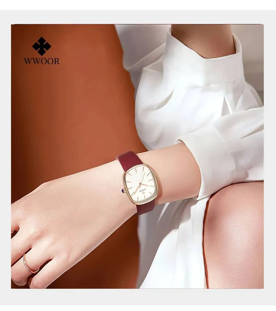 Women Leather Strap Watches - WWOOR Luxury Quartz, Water Resistant 3Bar, Shock Resistant