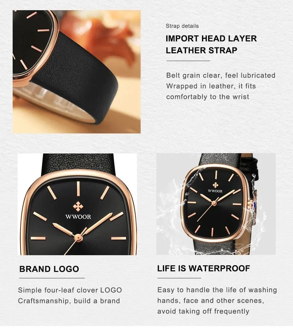 Women Leather Strap Watches - WWOOR Luxury Quartz, Water Resistant 3Bar, Shock Resistant