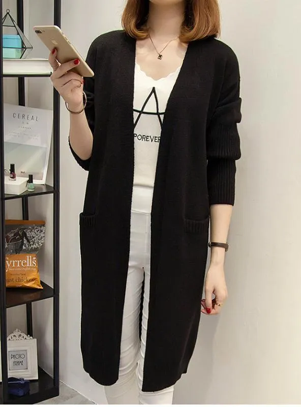 Women Long Cardigan Pockets Loose Solid Knit Sweater