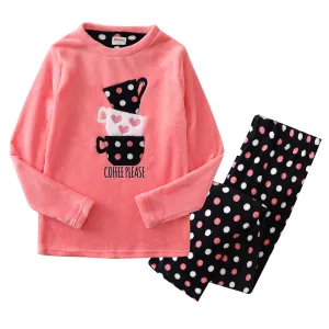 Women Long Sleeve Coral Fleece Christmas Pink/Aop Dots Pajamas Set