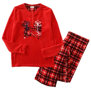 Women Long Sleeve Coral Fleece Christmas Red/Aop Checked Pajamas Set