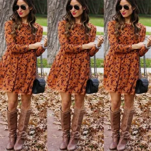 Women Long Sleeve Dress Floral Midi Dresses Elegant Vintage Vestidos Knee-Length Women Casual  Winter Plus Size Dresses S-5XL