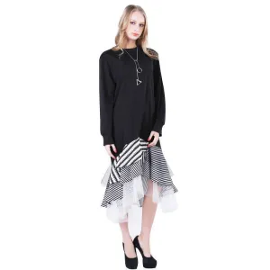 Women Long Sleeve T Shirt Midi Dress Patchwork Stripe Mesh Ruffle Flare Asymmetrical Hem Pullover Casual (US 14W-16W)