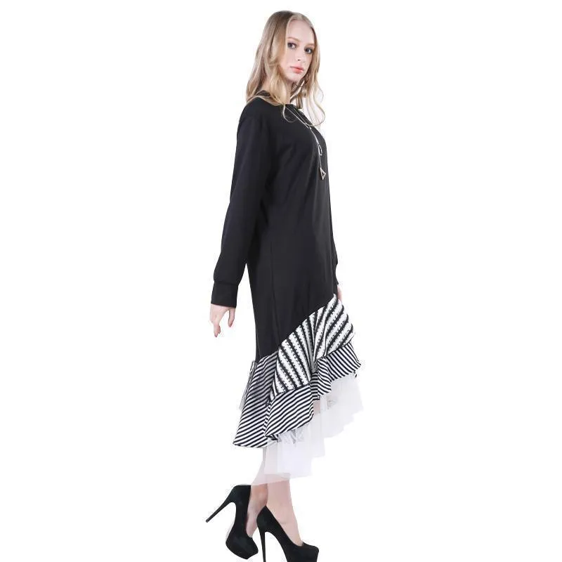 Women Long Sleeve T Shirt Midi Dress Patchwork Stripe Mesh Ruffle Flare Asymmetrical Hem Pullover Casual (US 14W-16W)