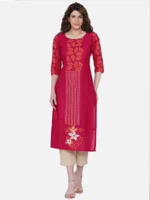 Women Magenta Ethnic Motifs Embroidered Block Print Kurta