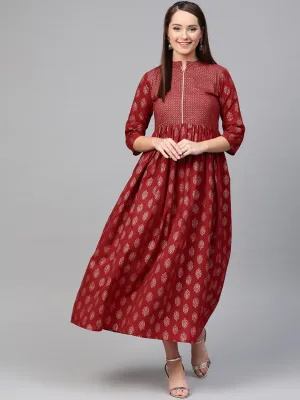 Women Maroon & Gold Ethnic Motifs Printed Maxi Dress