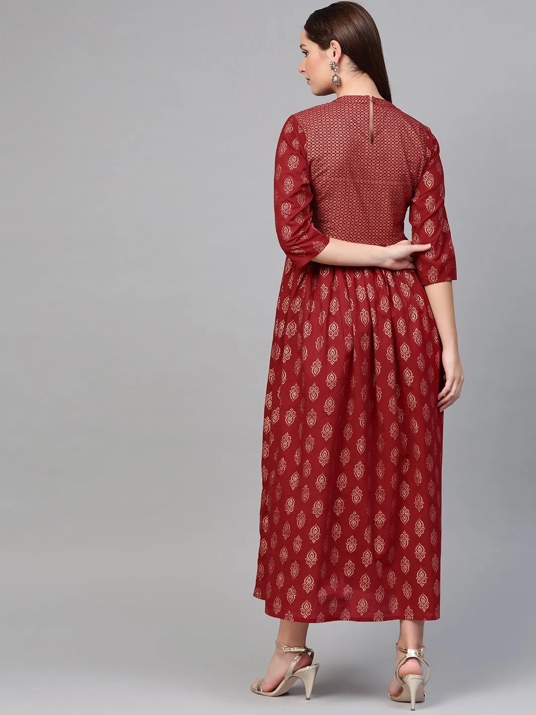 Women Maroon & Gold Ethnic Motifs Printed Maxi Dress