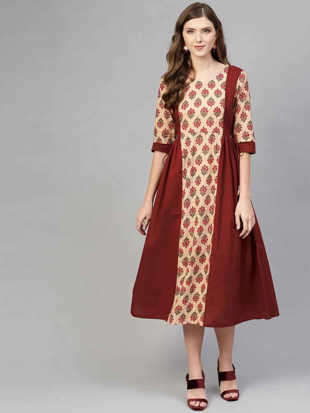 Women Maroon & Peach-Coloured Printed A-Line Dress