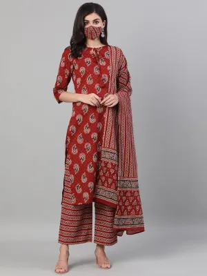 Women Maroon And Black Three-Quarter Sleeves Printed Kurta-Palazzo With Pockets Dupatta And Fask Mask