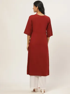 Women Maroon Calf Length Three-Quarter Sleeves A-Line Solid Yoke Design Cotton Kurta