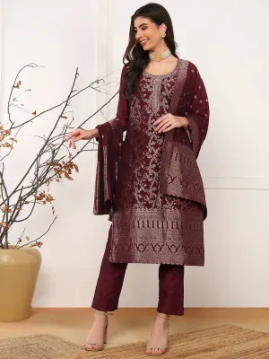 Women Maroon Chanderi Cotton Solid Woven Design Straight Kurta Trouser With Dupatta