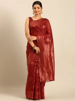 Women Maroon Cotton Saree With Un Stitched Blouse