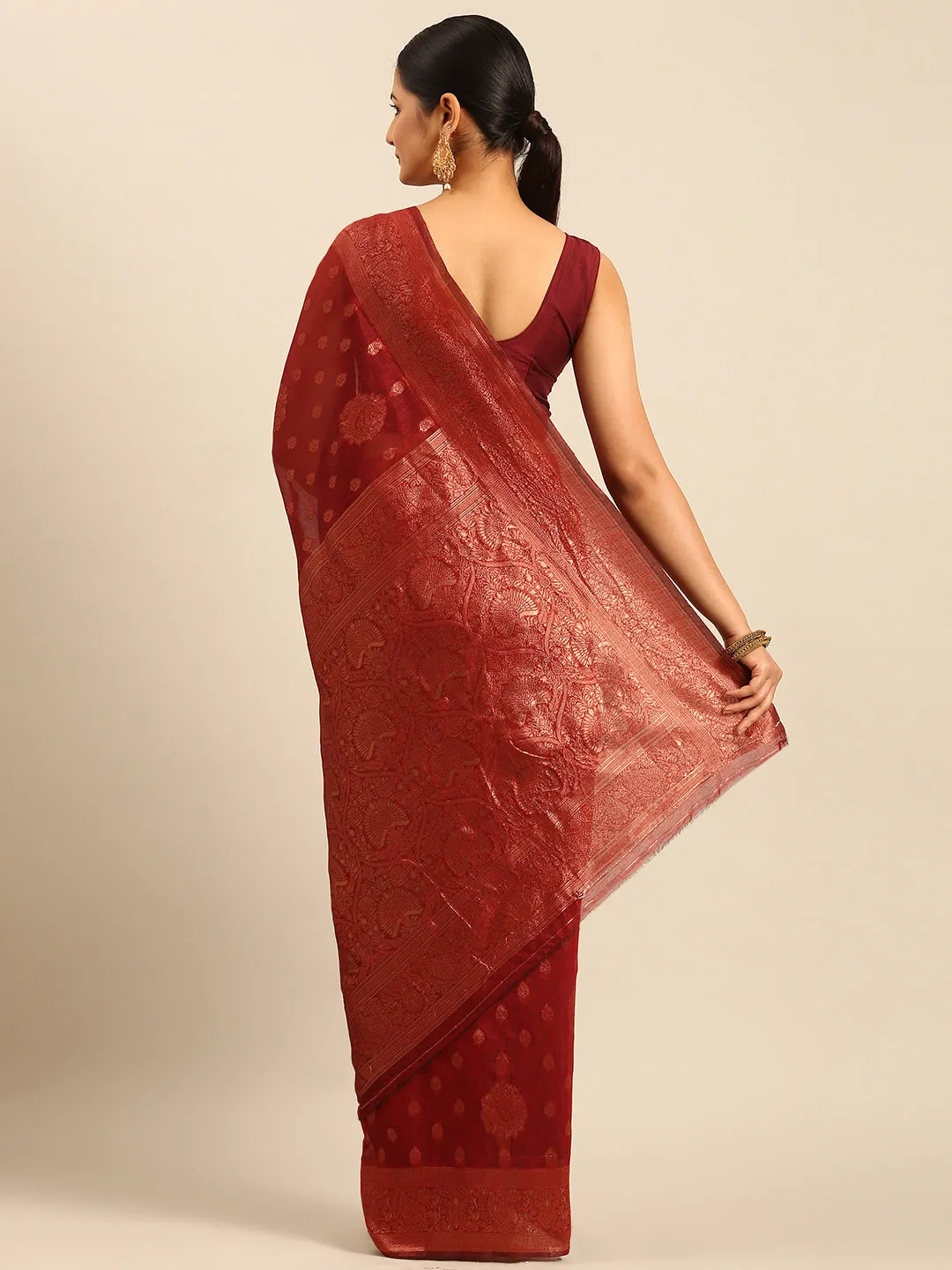 Women Maroon Cotton Saree With Un Stitched Blouse