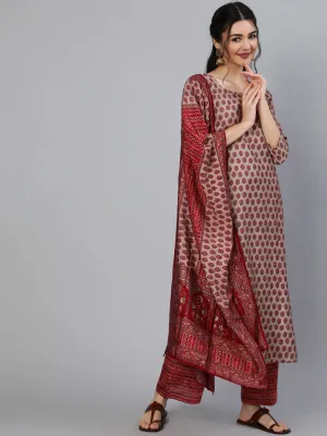 Women Maroon Ethnic Printed Kurta & Palazzo With Dupatta