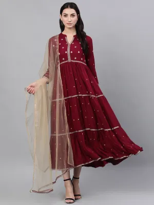 Women Maroon Solid Embroidered Mandarin Collar Viscose Rayon Maxi Dress With Dupatta