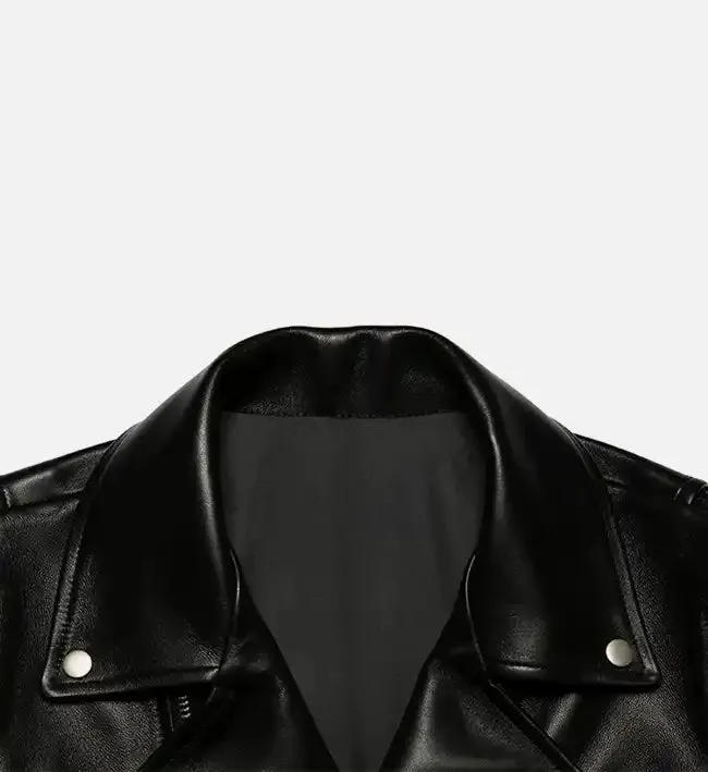 Women Minimal Black Biker Leather Jacket