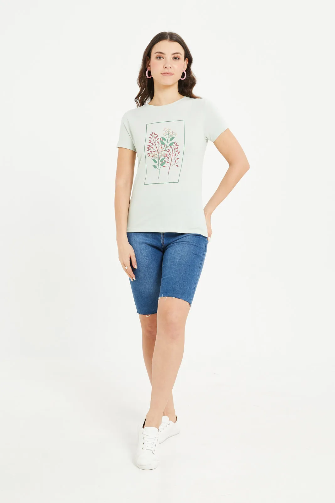 Women Mint Floral Printed T-Shirt