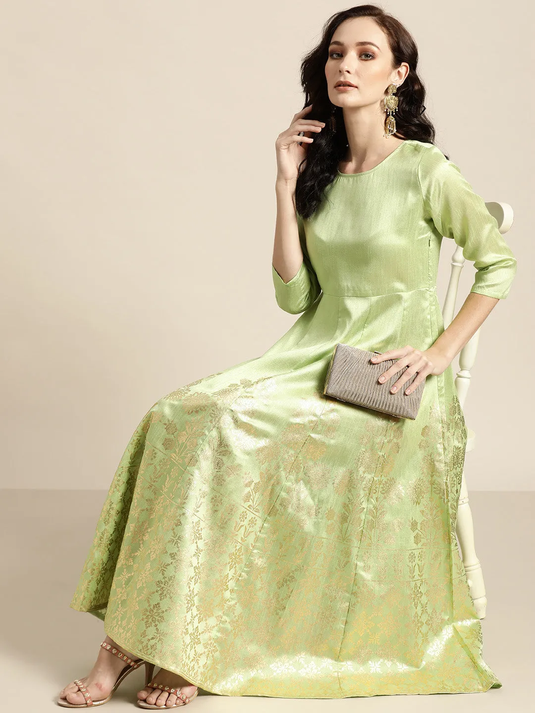 Women Mint Green Foil Print Anarkali Maxi Dress