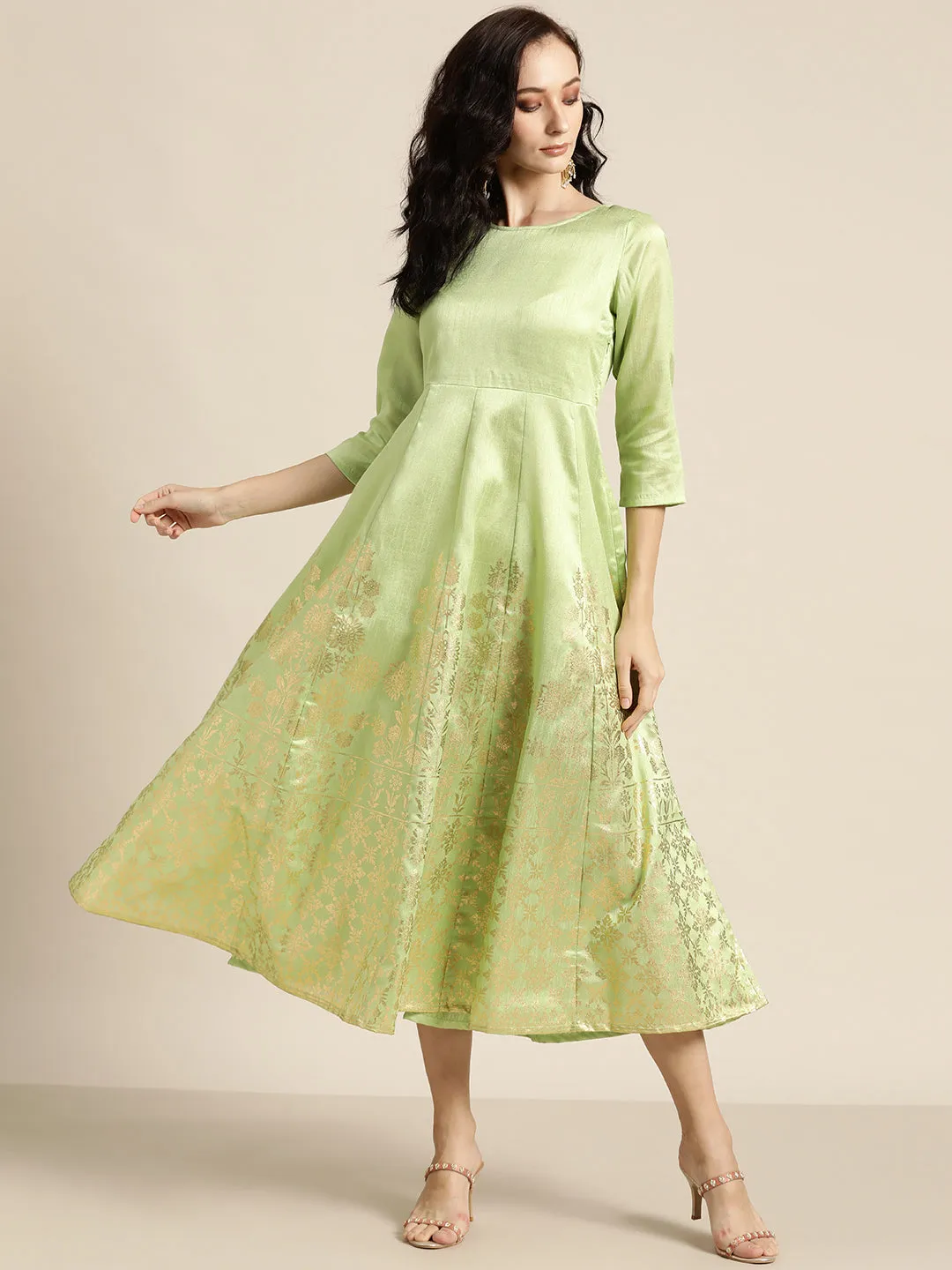 Women Mint Green Foil Print Anarkali Maxi Dress