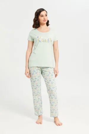 Women Mint Printed Round Neck Pyjama Set (2 Piece)