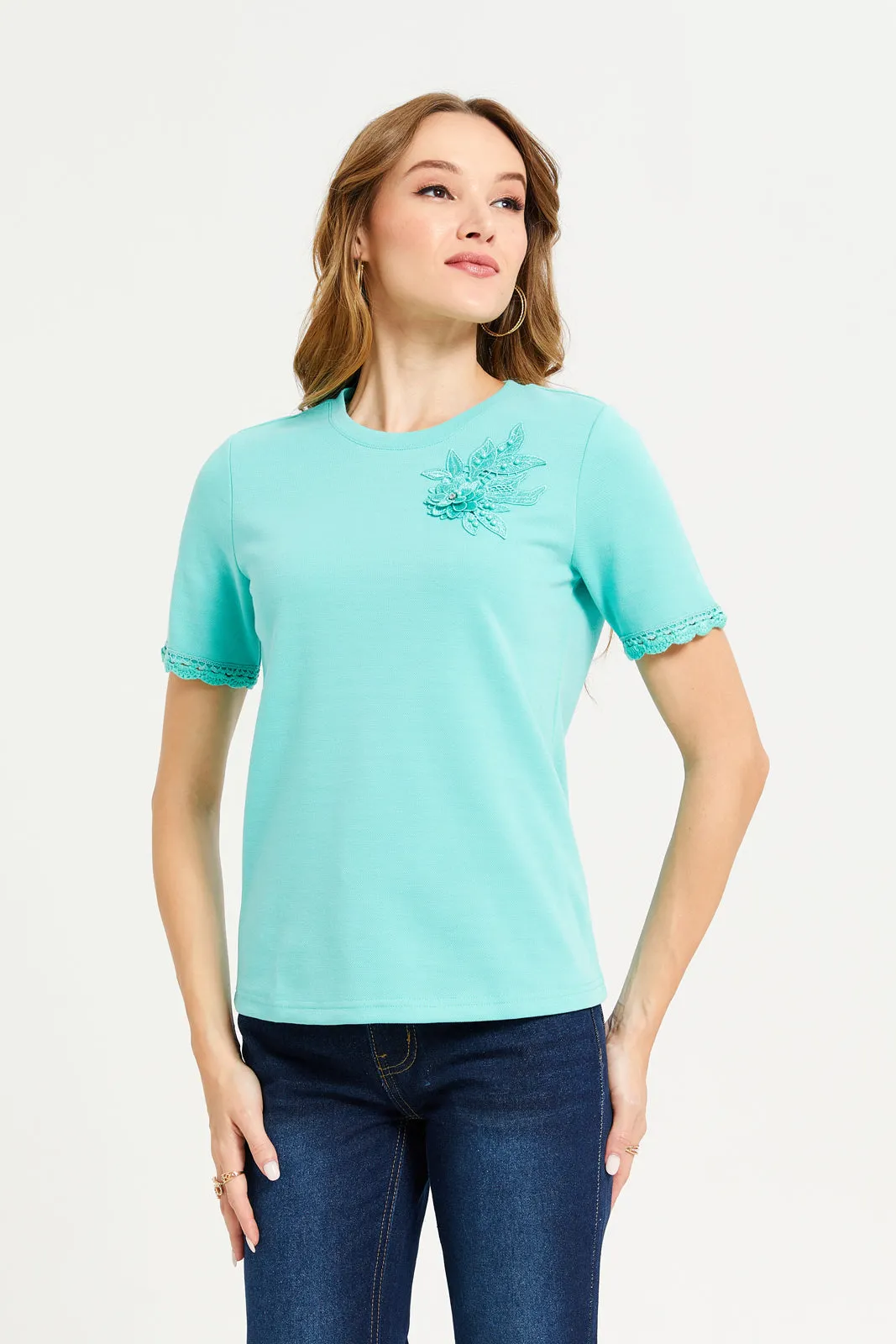 Women Mint Tee With Applique