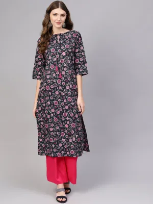 Women Navy Blue & Pink Printed Cotton Straight Kurta