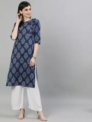 Women Navy Blue & White Printed Straight Kurta