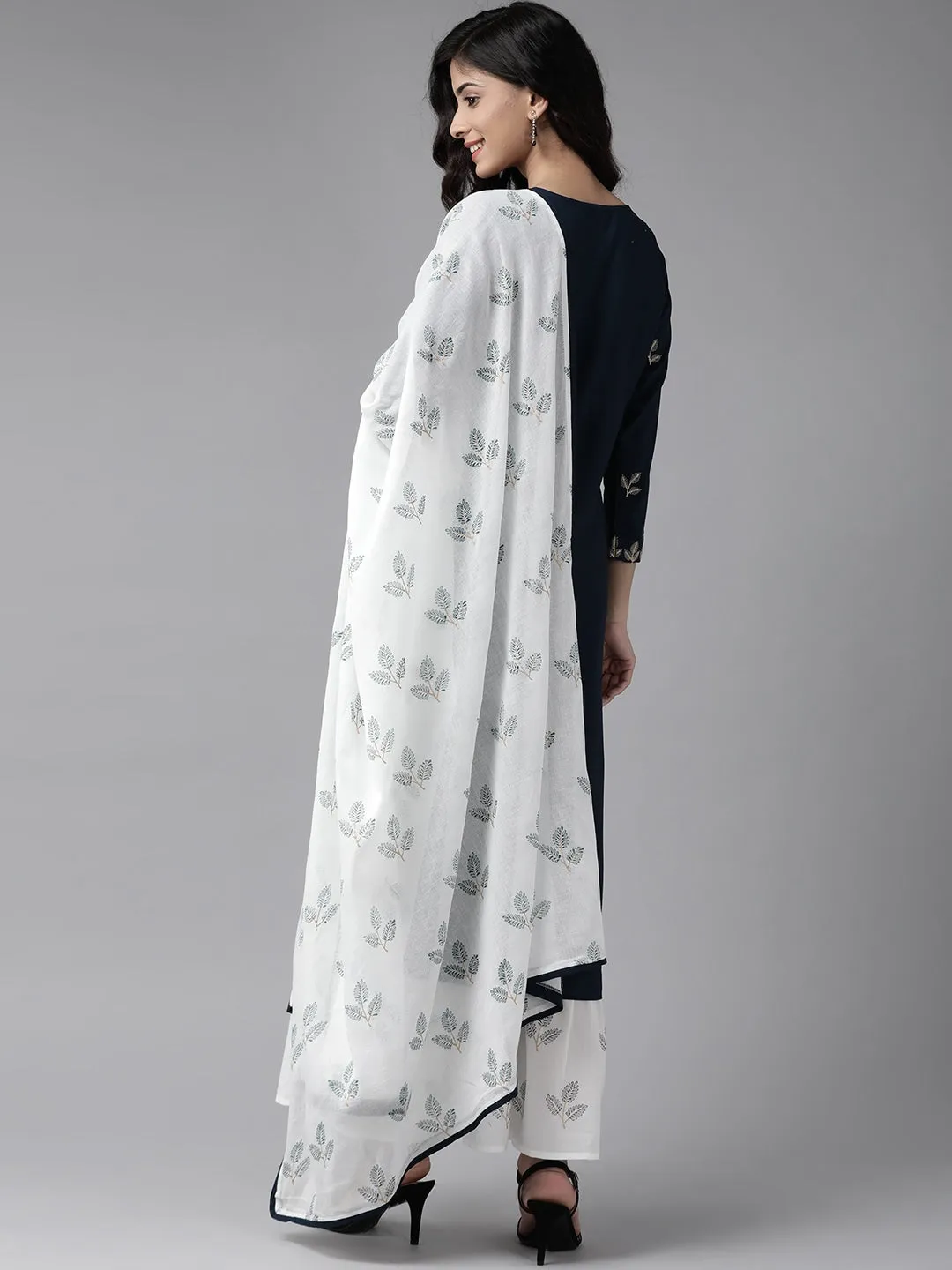 Women Navy Blue And White Embroidered Dupatta Set