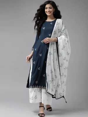 Women Navy Blue And White Embroidered Dupatta Set