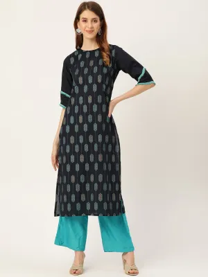 Women Navy Blue Calf Length Three-Quarter Sleeves Straight Ethnic Motifs Printed Cotton Kurta