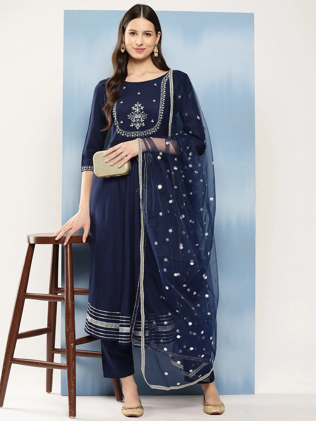 Women Navy Blue Embroidered Anarkali Kurta With Trouser And Dupatta