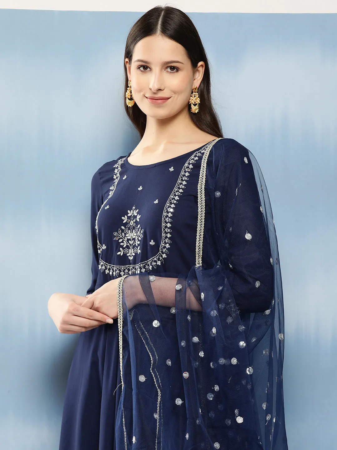 Women Navy Blue Embroidered Anarkali Kurta With Trouser And Dupatta