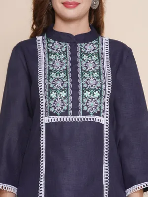 Women Navy Blue Ethnic Motifs Embroidered Yoke Design Lace work Kurta with Blue Solid Palazzos