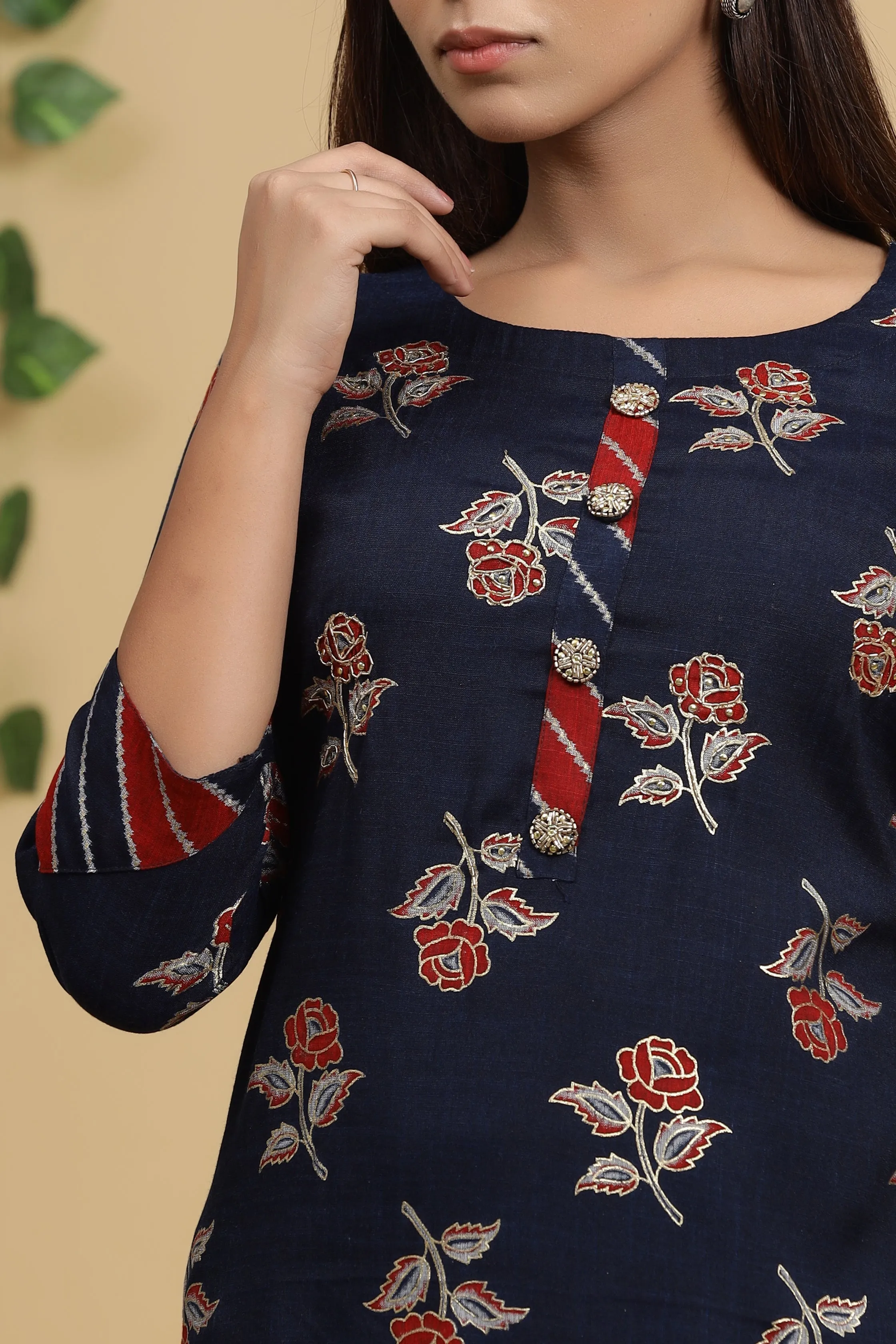 Women Navy Blue Printed Kurta Set