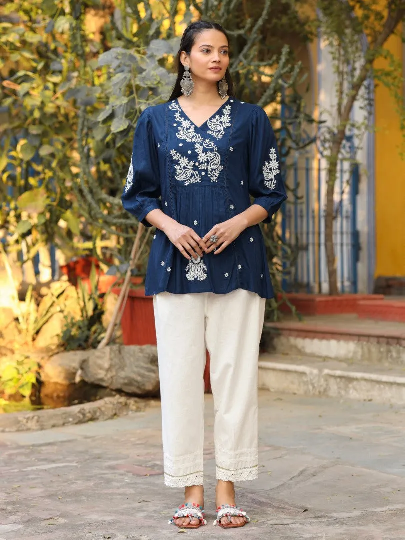 Women Navy Blue Rayon Embroidered Tunic