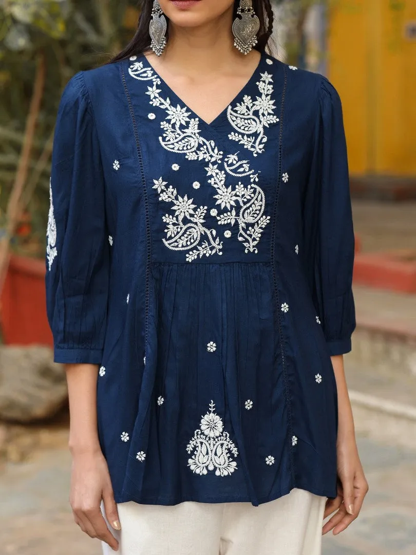 Women Navy Blue Rayon Embroidered Tunic