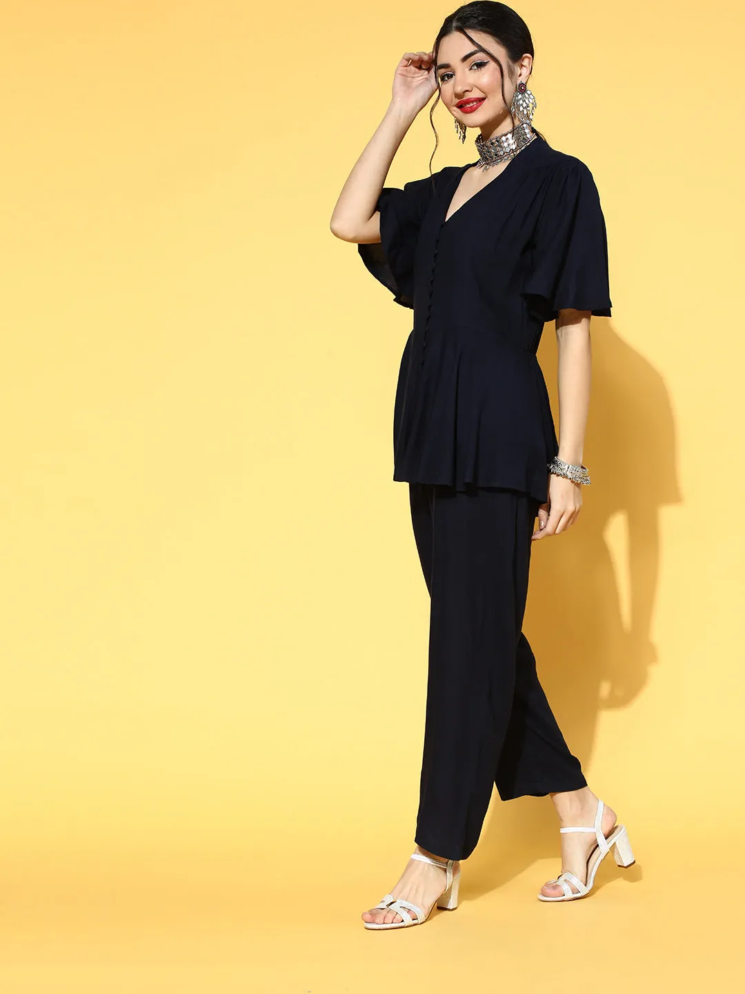 Women Navy Blue Solid Bell Sleeves Jumpsuit