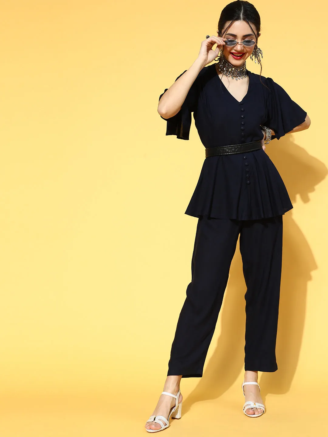 Women Navy Blue Solid Bell Sleeves Jumpsuit