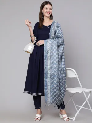 Women Navy Blue Solid Flared Kurta With Trouser And Dupatta